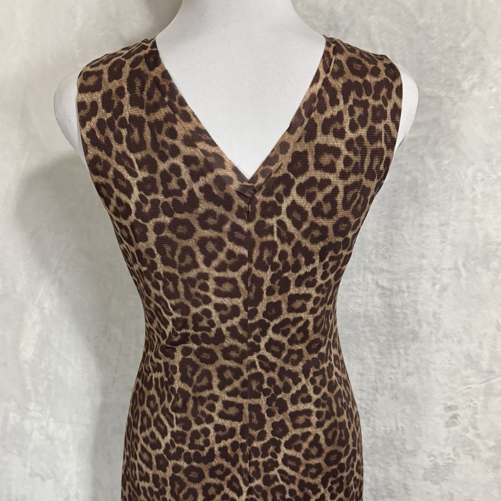 T Tahari Leopard Print Dress Size M V Neck Mesh Knit Sleeveless Flare Asymmetric - Picture 6 of 16
